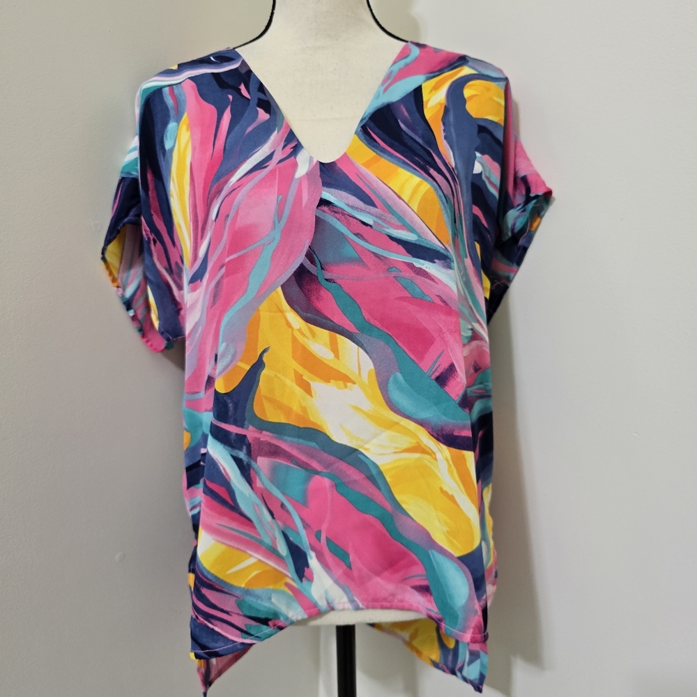 caramela size Large Colorful BOHO‎ Boxy V Neck High Low Abstract Top Pink